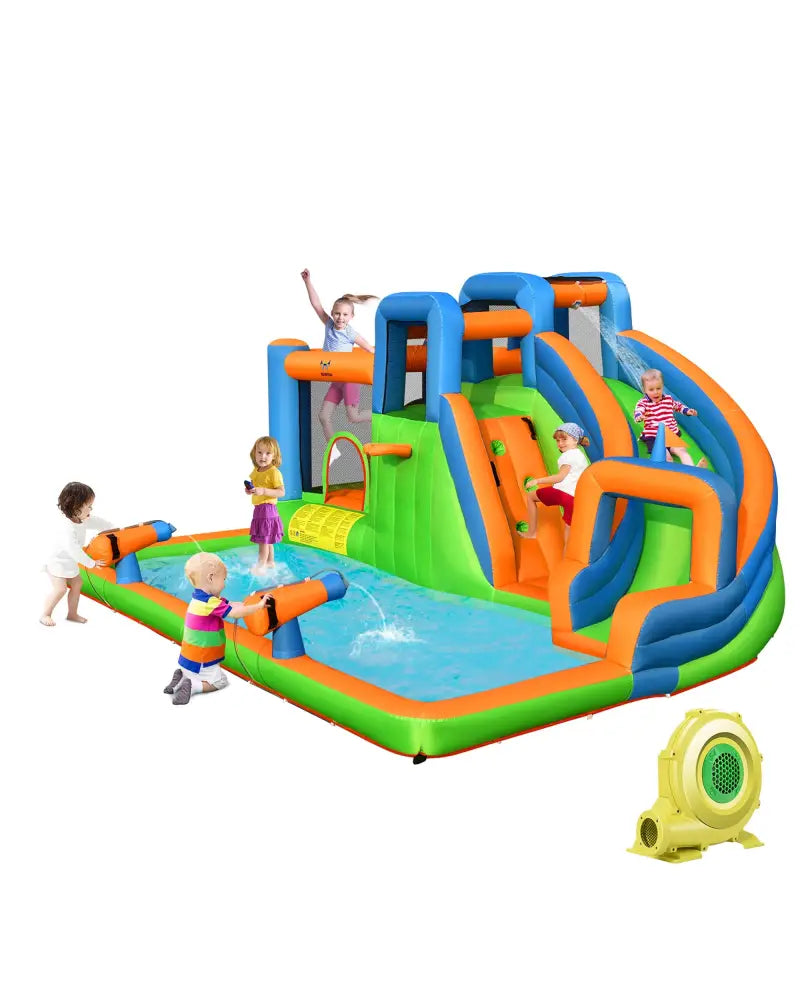 7-in-1 Inflatable Giant Water Park Bouncer with Dual Climbing Walls and 735W Blower - Inflatable Water Slides