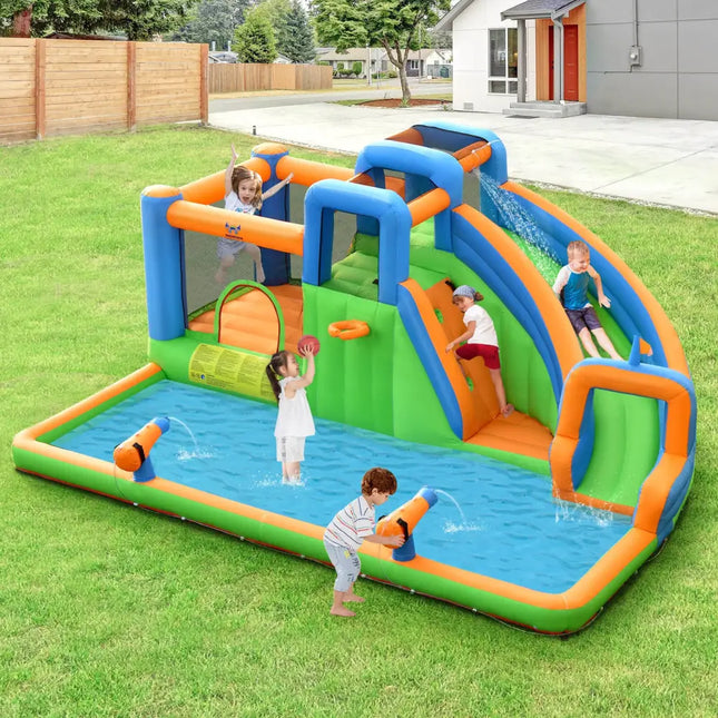 7-in-1 Inflatable Giant Water Park Bouncer with Dual Climbing Walls and 735W Blower - Inflatable Water Slides