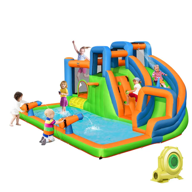7-in-1 Inflatable Giant Water Park Bouncer with Dual Climbing Walls and 735W Blower - Inflatable Water Slides