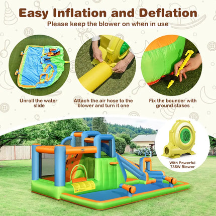 7-in-1 Inflatable Giant Water Park Bouncer with Dual Climbing Walls and 735W Blower - Inflatable Water Slides
