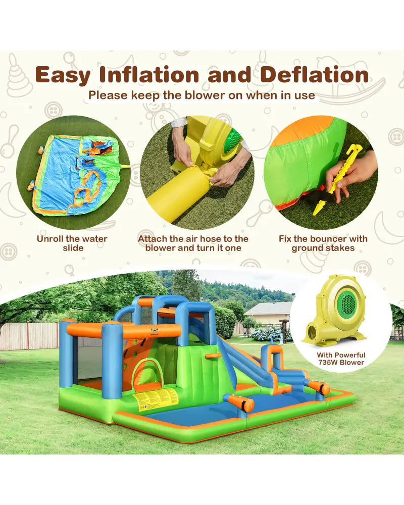 7-in-1 Inflatable Giant Water Park Bouncer with Dual Climbing Walls and 735W Blower - Inflatable Water Slides