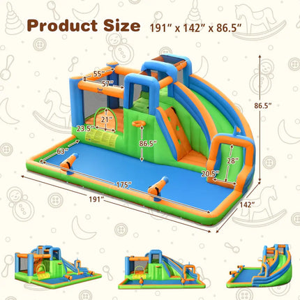 7-in-1 Inflatable Giant Water Park Bouncer with Dual Climbing Walls and 735W Blower - Inflatable Water Slides