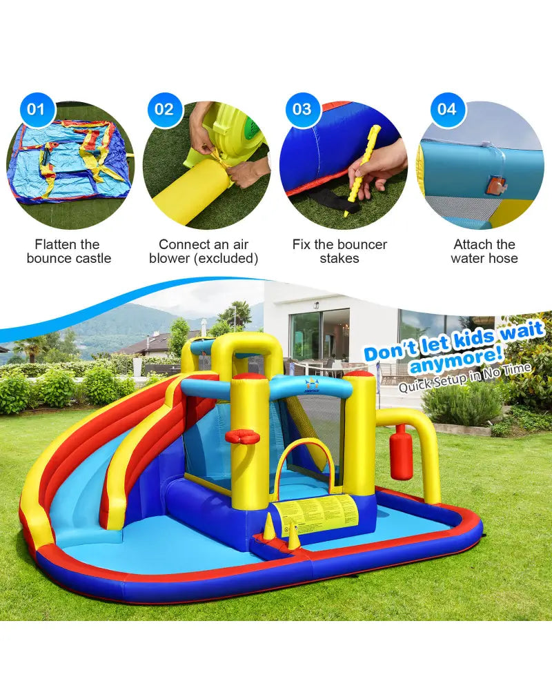 7-in-1 Inflatable Water Slide Bounce Castle with Splash Pool and Climbing Wall without Blower - Inflatable Water Slides