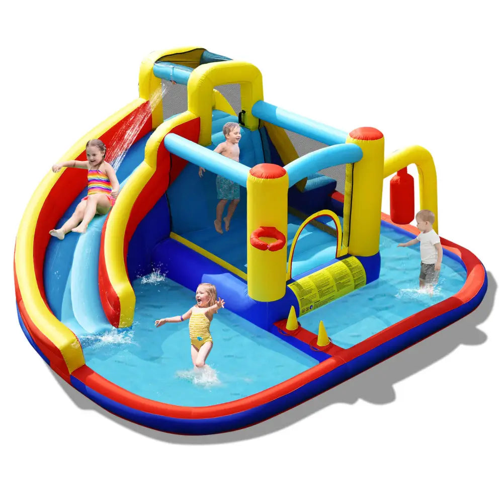 7-in-1 Inflatable Water Slide Bounce Castle with Splash Pool and Climbing Wall without Blower - Inflatable Water Slides