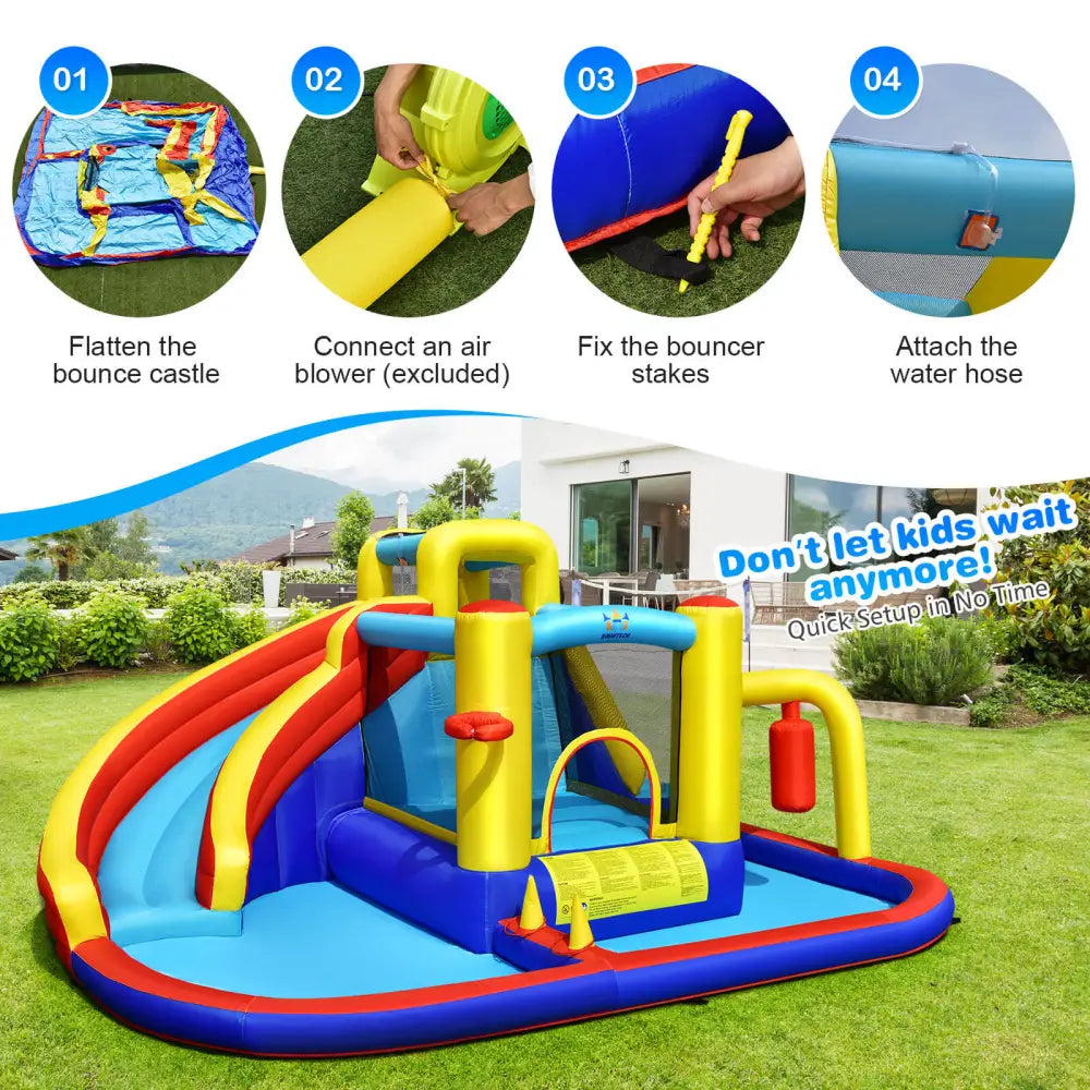 7-in-1 Inflatable Water Slide Bounce Castle with Splash Pool and Climbing Wall without Blower - Inflatable Water Slides