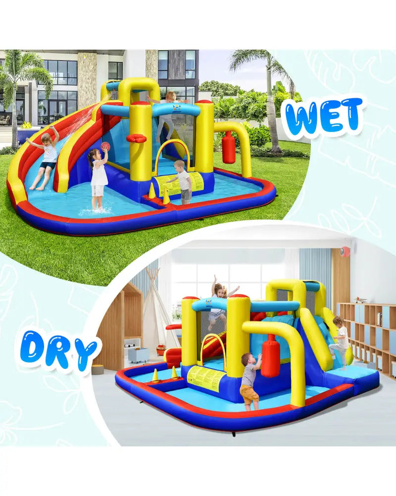 7-in-1 Inflatable Water Slide Bounce Castle with Splash Pool and Climbing Wall without Blower - Inflatable Water Slides