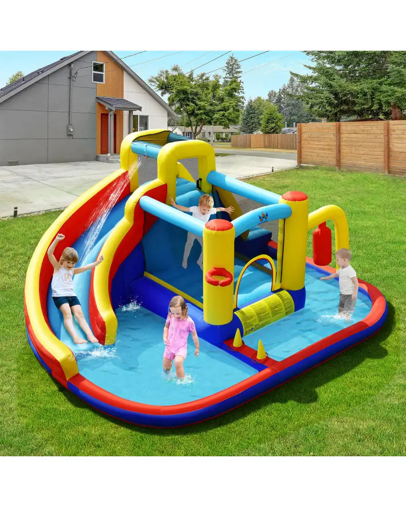 7-in-1 Inflatable Water Slide Bounce Castle with Splash Pool and Climbing Wall without Blower - Inflatable Water Slides