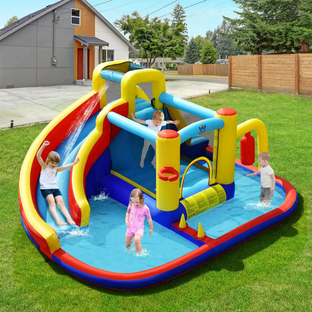 7-in-1 Inflatable Water Slide Bounce Castle with Splash Pool and Climbing Wall without Blower - Inflatable Water Slides