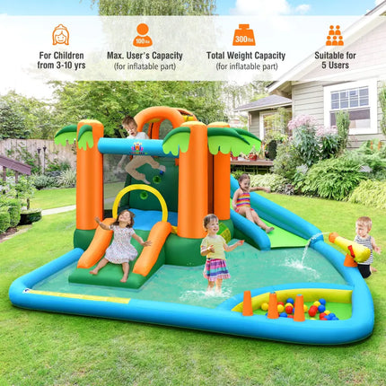 7-in-1 Inflatable Water Slide Park with Trampoline Climbing and 680W Blower - Multicolor - Inflatable Water Slides