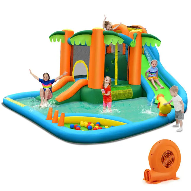 7-in-1 Inflatable Water Slide Park with Trampoline Climbing and 680W Blower - Multicolor - Inflatable Water Slides
