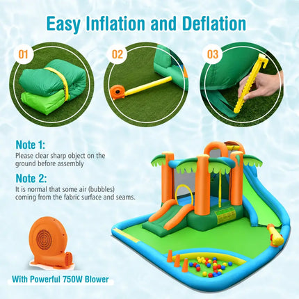 7-in-1 Inflatable Water Slide Park with Trampoline Climbing and 680W Blower - Multicolor - Inflatable Water Slides