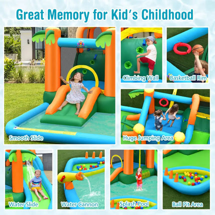 7-in-1 Inflatable Water Slide Park with Trampoline Climbing and 680W Blower - Multicolor - Inflatable Water Slides