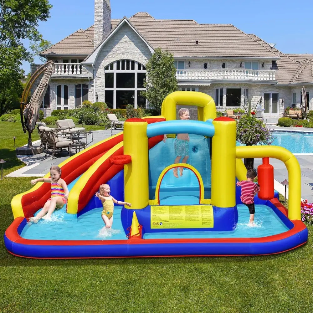 7-in-1 Inflatable Water Slide with 735W Air Blower and Splash Pool - Inflatable Water Slides