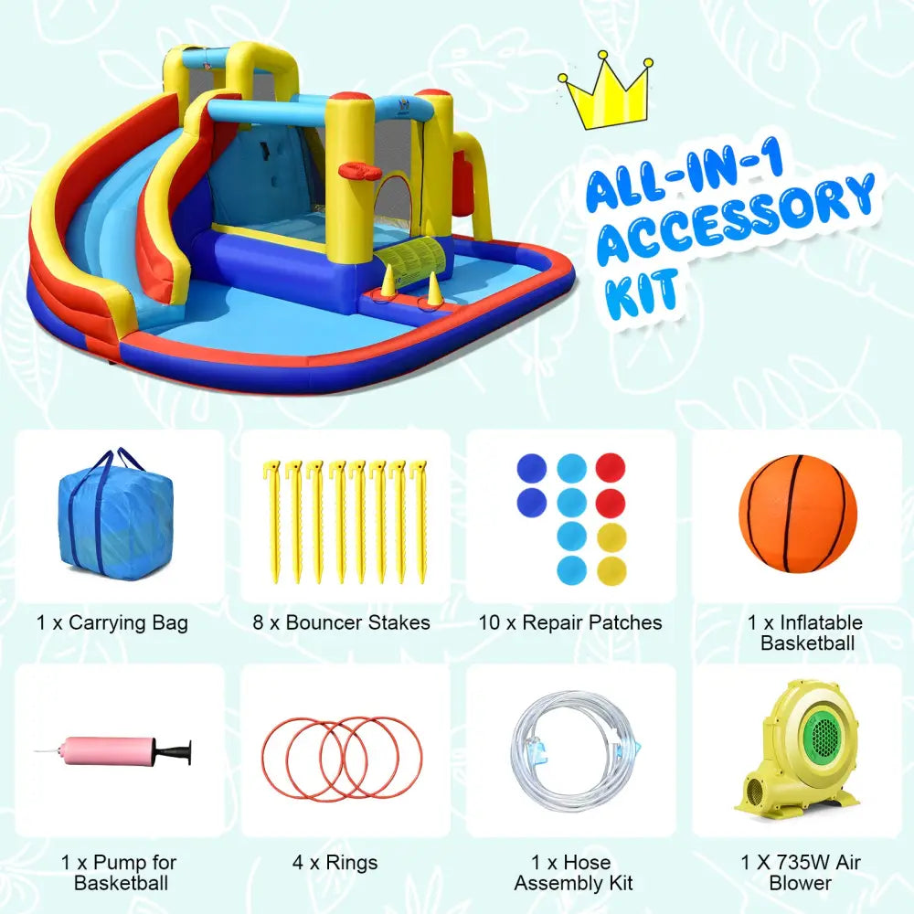 7-in-1 Inflatable Water Slide with 735W Air Blower and Splash Pool - Inflatable Water Slides