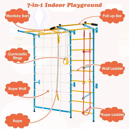 7 In 1 Kids Indoor Gym Playground Swedish Wall Ladder for Solid Wall - Yellow - Oasis Home Essentials