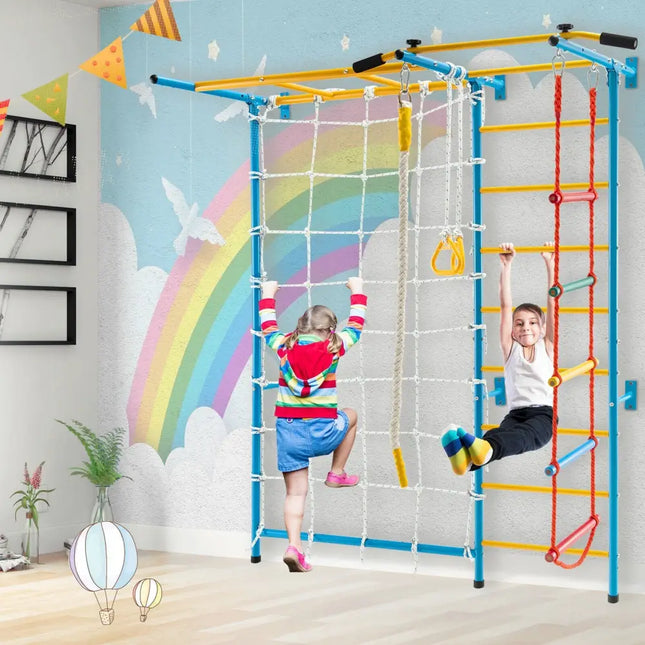 7 In 1 Kids Indoor Gym Playground Swedish Wall Ladder for Solid Wall - Yellow - Oasis Home Essentials