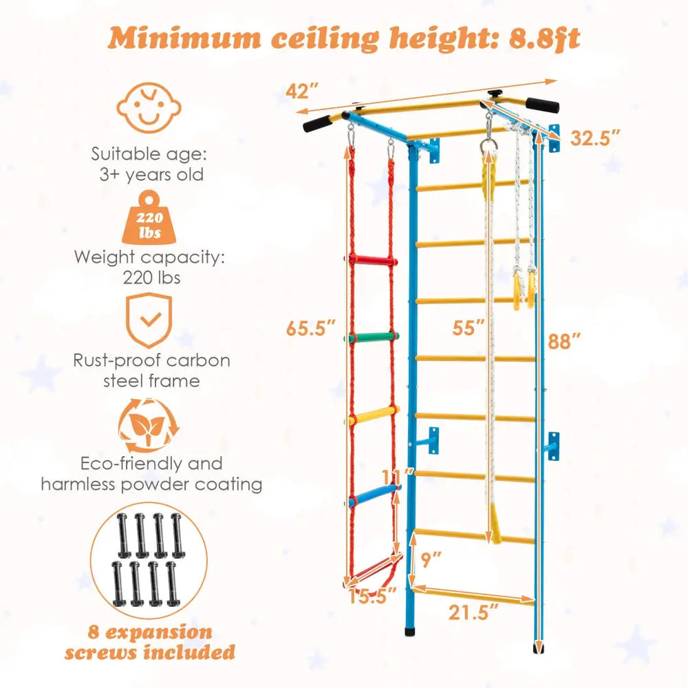 7 In 1 Kids Indoor Gym Playground Swedish Wall Ladder for Solid Wall-Yellow - Yellow - Climbers & Slides