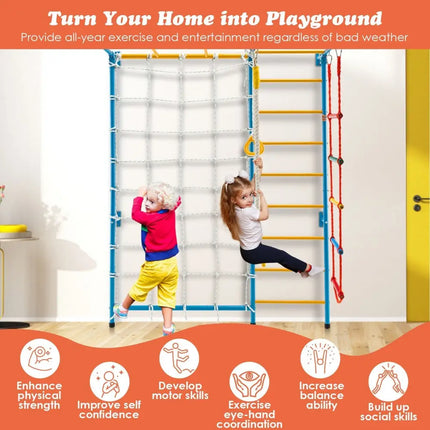 7 In 1 Kids Indoor Gym Playground Swedish Wall Ladder for Solid Wall - Yellow - Oasis Home Essentials