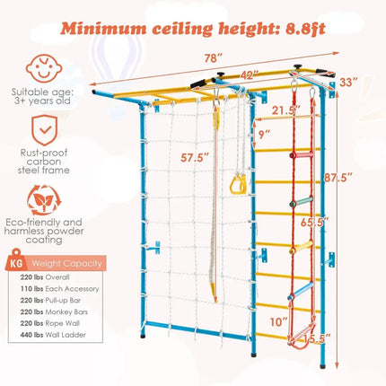 7 In 1 Kids Indoor Gym Playground Swedish Wall Ladder for Solid Wall - Yellow - Oasis Home Essentials