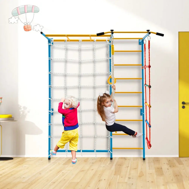 7 In 1 Kids Indoor Gym Playground Swedish Wall Ladder for Solid Wall - Yellow - Oasis Home Essentials