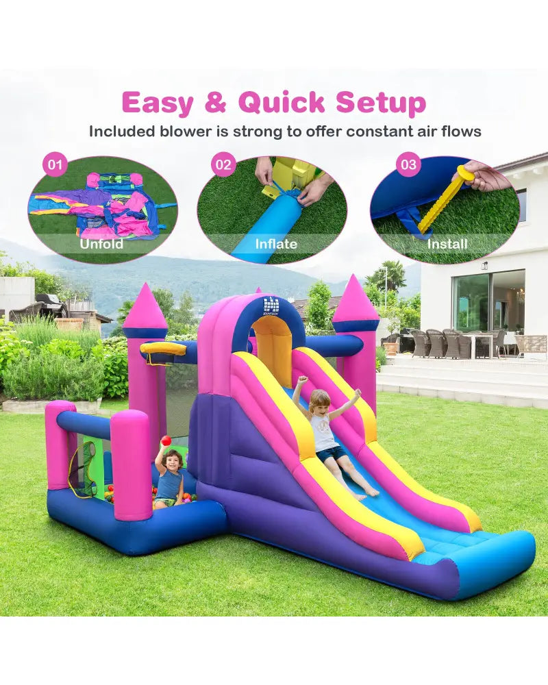 7-in-1 Kids Inflatable Bounce House with Long Slide and 735W Blower - Multicolor - Bounce House