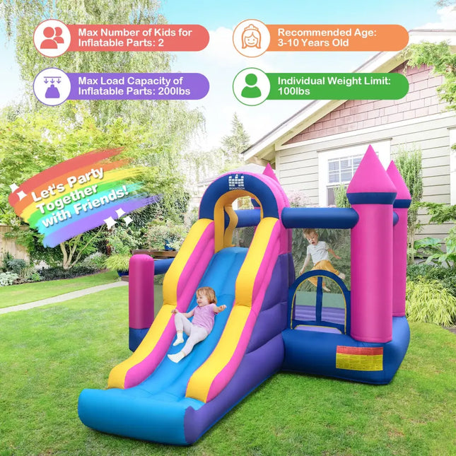 7-in-1 Kids Inflatable Bounce House with Long Slide and 735W Blower - Multicolor - Bounce House