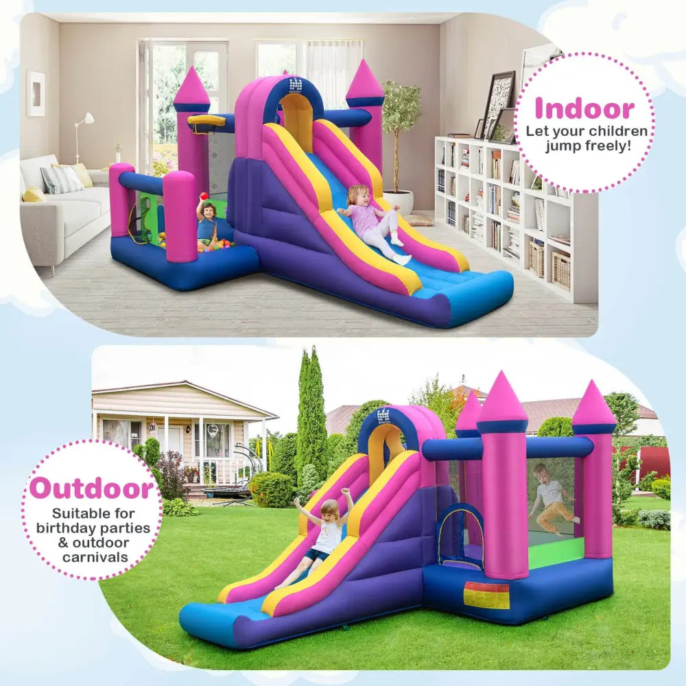 7-in-1 Kids Inflatable Bounce House with Long Slide and 735W Blower - Multicolor - Bounce House
