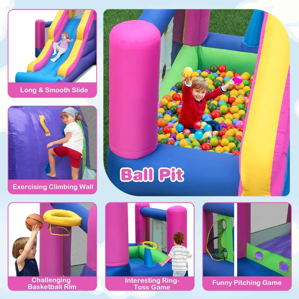 7-in-1 Kids Inflatable Bounce House with Long Slide and 735W Blower - Multicolor - Bounce House