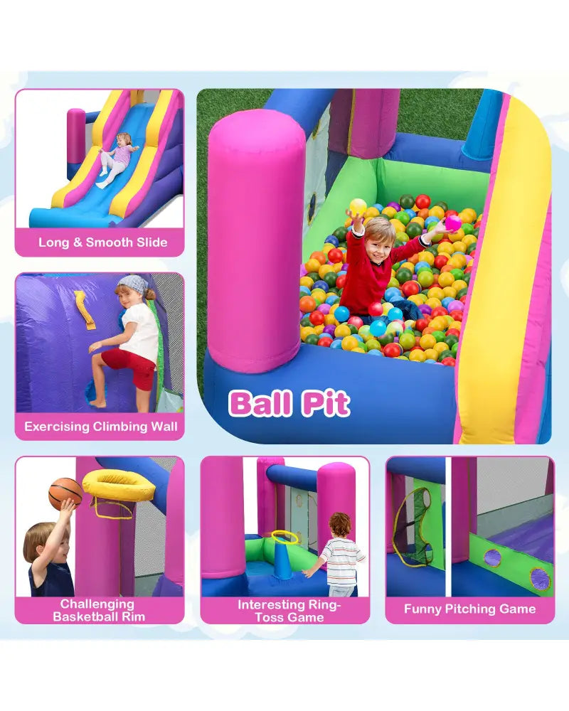 7-in-1 Kids Inflatable Bounce House with Long Slide and 735W Blower - Multicolor - Bounce House
