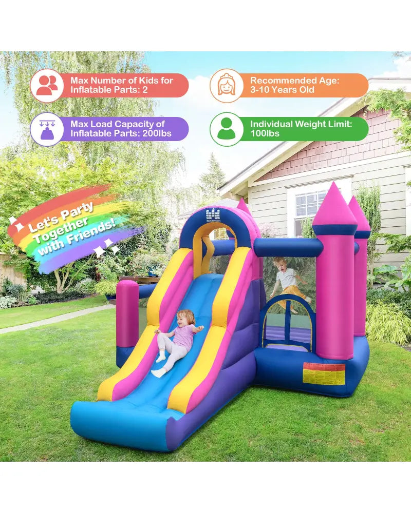 7-in-1 Kids Inflatable Bounce House with Long Slide and 735W Blower - Multicolor - Bounce House