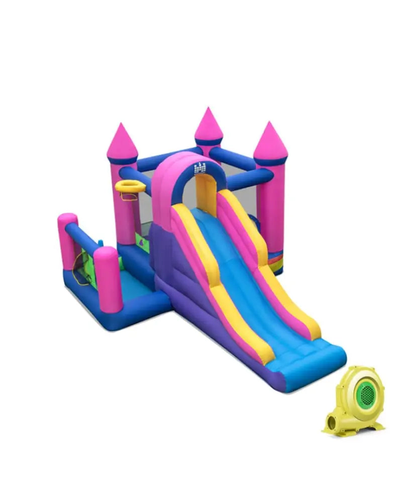 7-in-1 Kids Inflatable Bounce House with Long Slide and 735W Blower - Multicolor - Bounce House