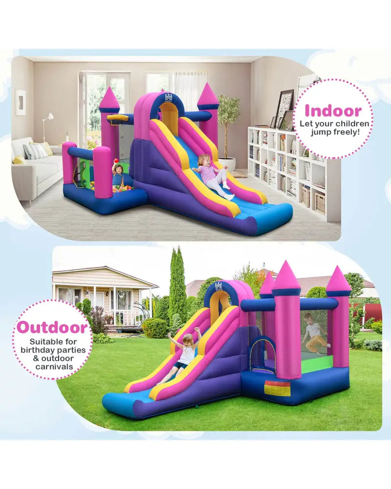 7-in-1 Kids Inflatable Bounce House with Long Slide and 735W Blower - Multicolor - Bounce House