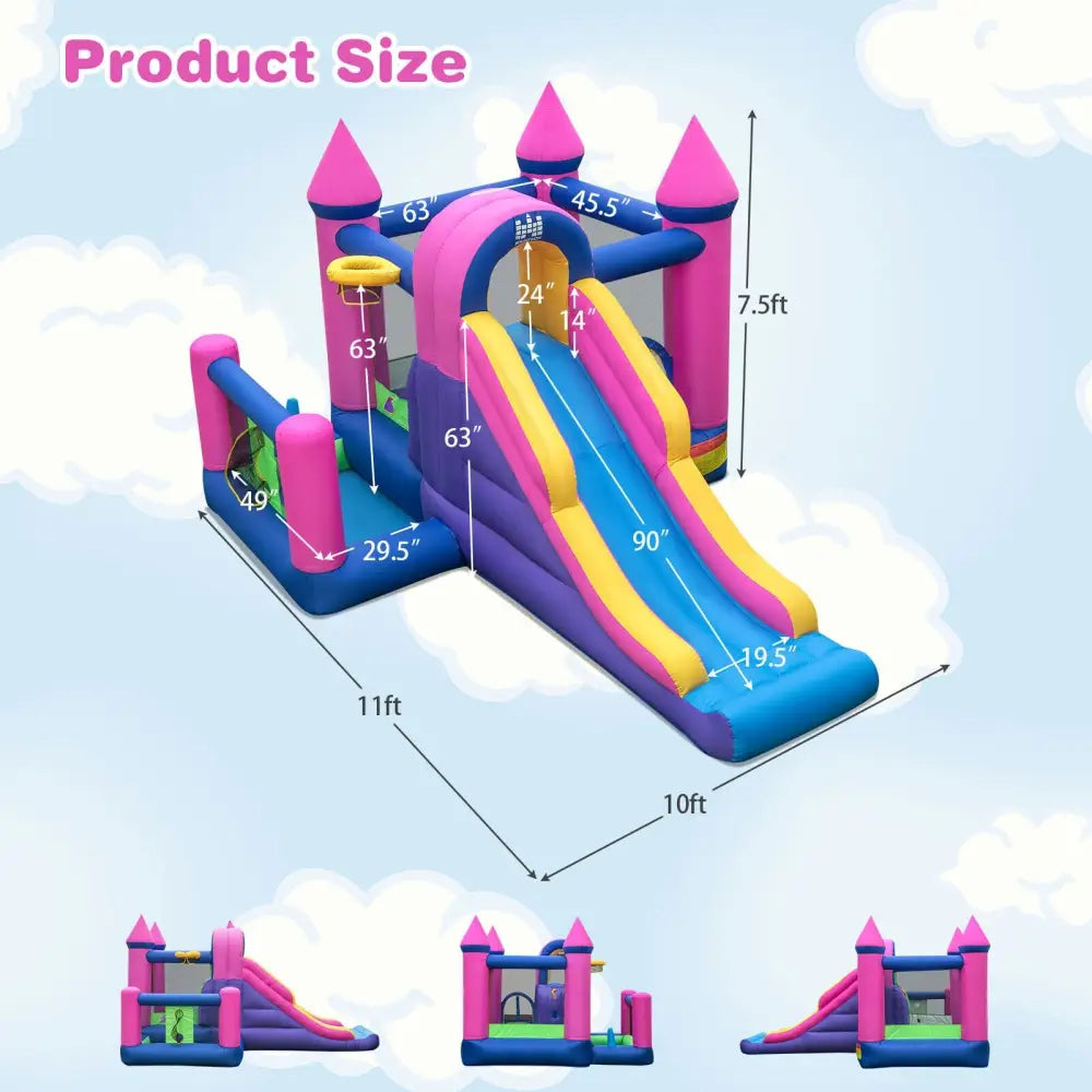 7-in-1 Kids Inflatable Bounce House with Long Slide and 735W Blower - Multicolor - Bounce House