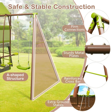 7-in-1 Kids Outdoor Metal Playset with Wave Slide and Climbing Rope-Green - Green - Swing & Playsets