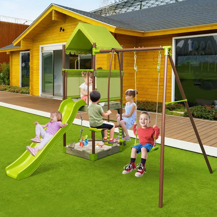 7-in-1 Kids Outdoor Metal Playset with Wave Slide and Climbing Rope-Green - Green - Swing & Playsets