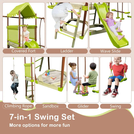 7-in-1 Kids Outdoor Metal Playset with Wave Slide and Climbing Rope-Green - Green - Swing & Playsets