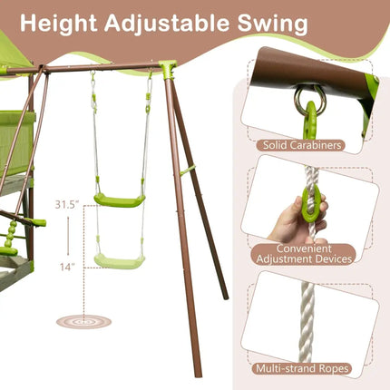 7-in-1 Kids Outdoor Metal Playset with Wave Slide and Climbing Rope-Green - Green - Swing & Playsets