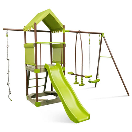 7-in-1 Kids Outdoor Metal Playset with Wave Slide and Climbing Rope-Green - Green - Swing & Playsets