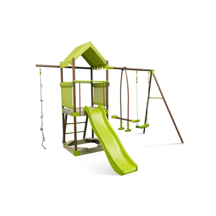 7-in-1 Kids Outdoor Metal Playset with Wave Slide and Climbing Rope-Green - Green - Swing & Playsets