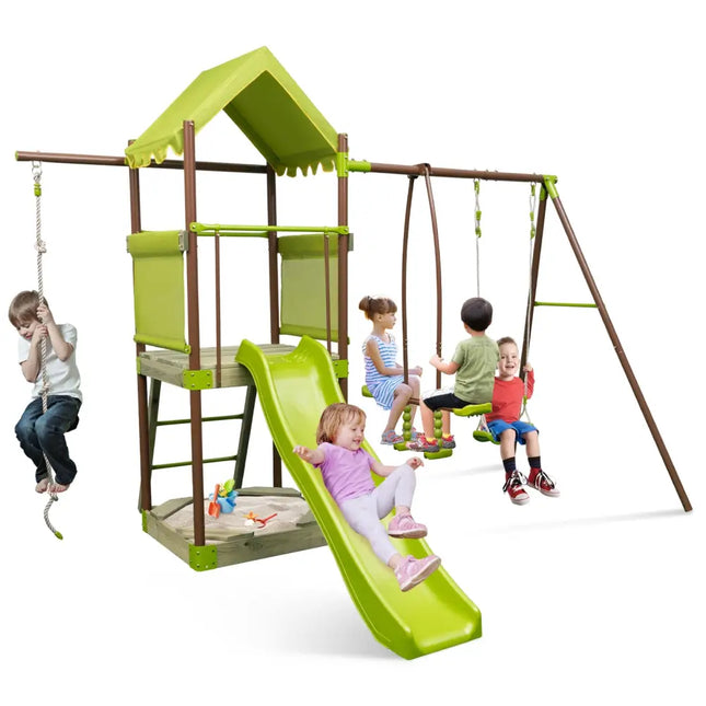 7-in-1 Kids Outdoor Metal Playset with Wave Slide and Climbing Rope-Green - Green - Swing & Playsets