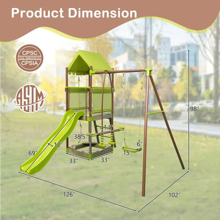 7-in-1 Kids Outdoor Metal Playset with Wave Slide and Climbing Rope-Green - Green - Swing & Playsets
