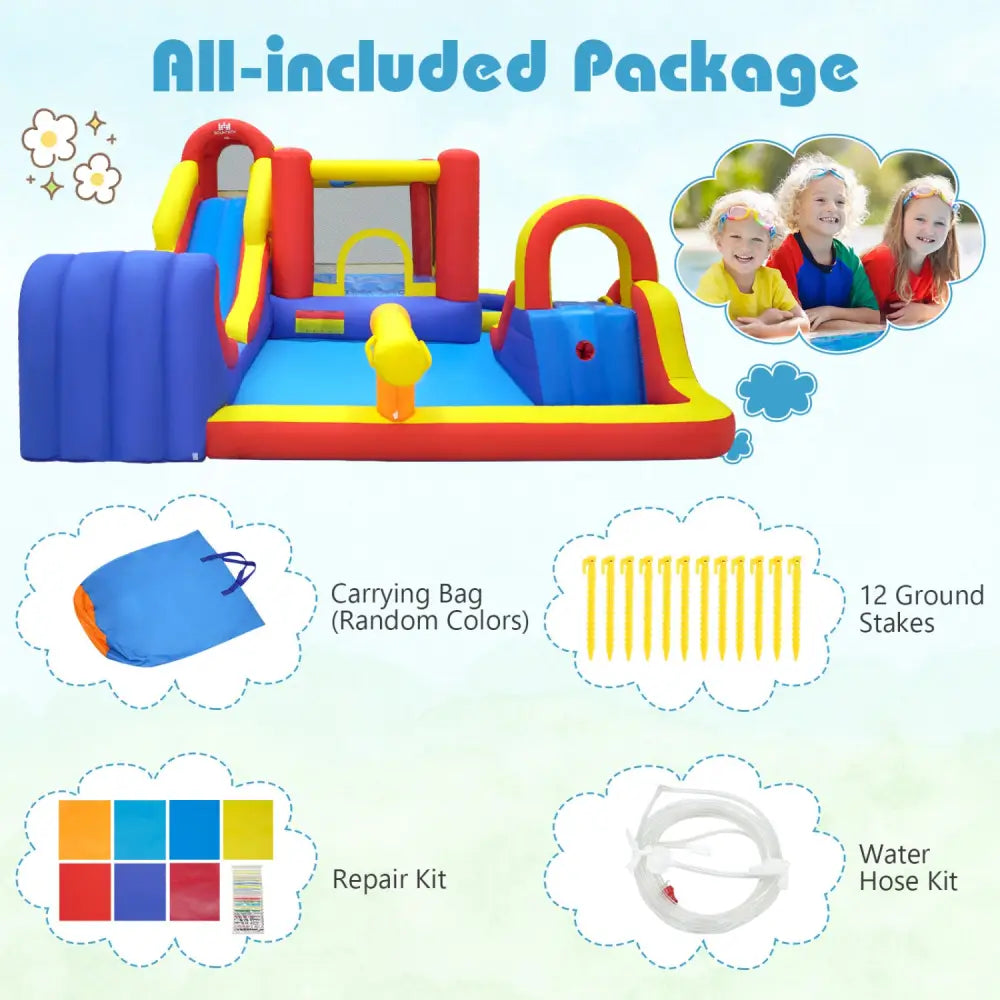 7-in-1 Outdoor Bounce House with Dual Slides and 680W Blower - Navy - Inflatable Water Slides