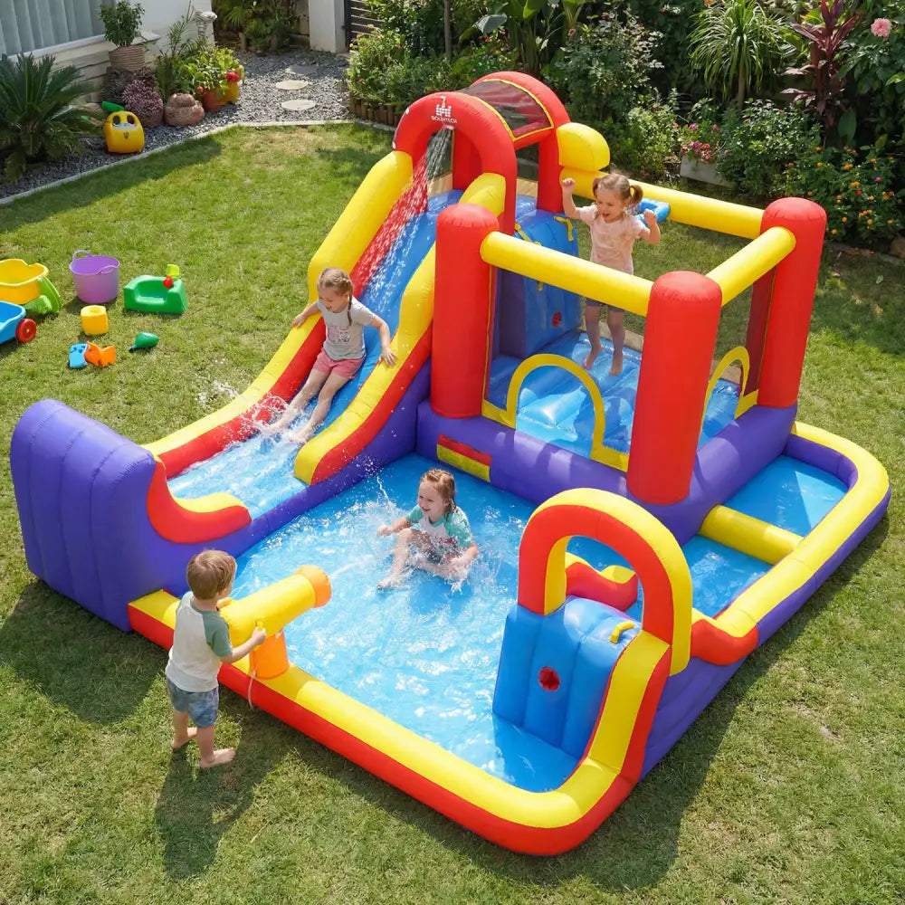 7-in-1 Outdoor Bounce House with Dual Slides and 680W Blower - Navy - Inflatable Water Slides
