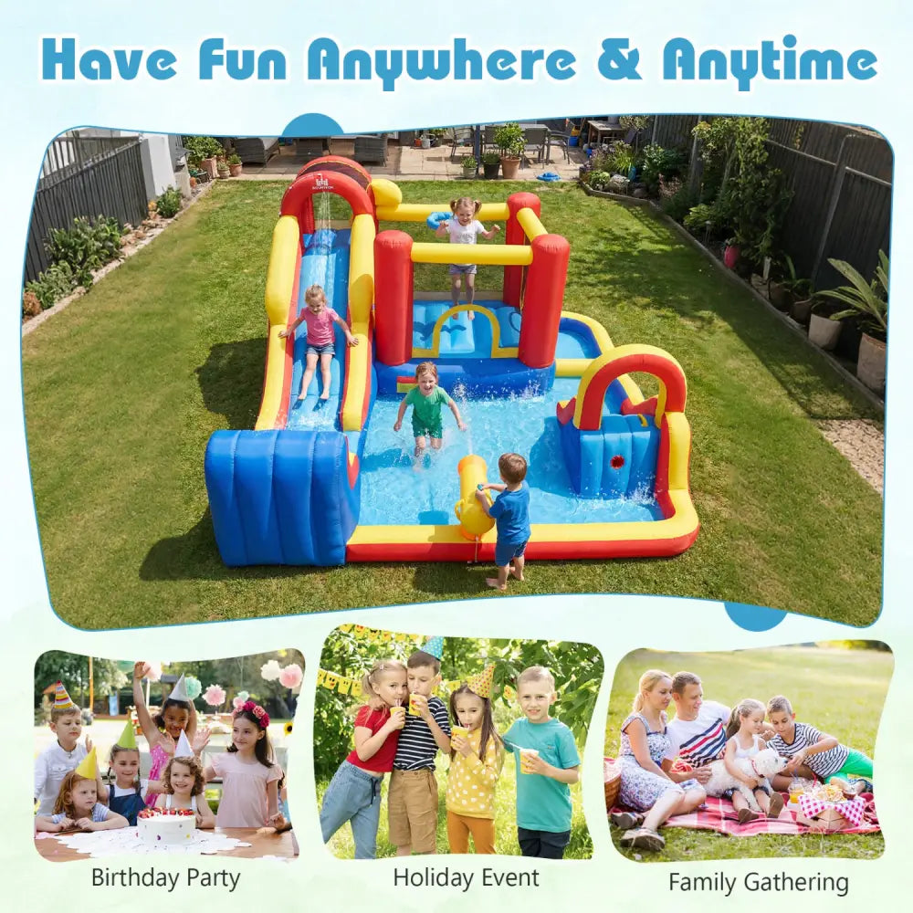 7-in-1 Outdoor Bounce House with Dual Slides and 680W Blower - Navy - Inflatable Water Slides