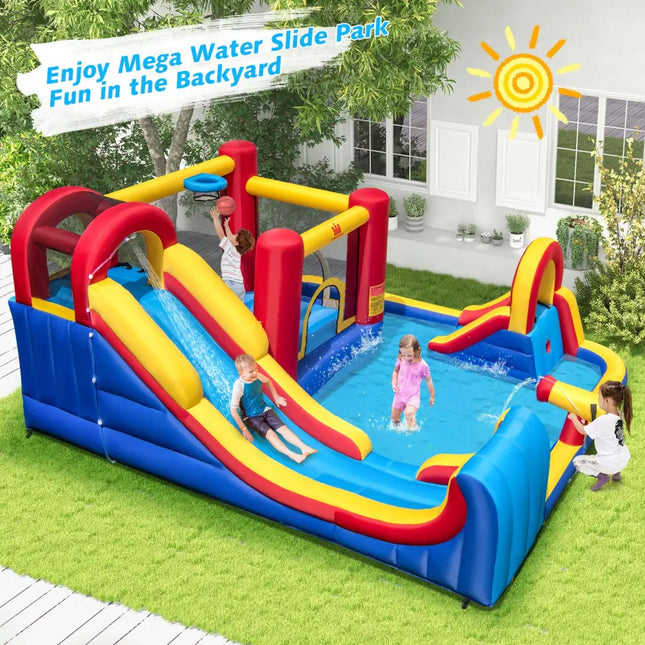 7 in 1 Outdoor Inflatable Bounce House with Water Slides and Splash Pools without Blower - Red - Inflatable Water Slides