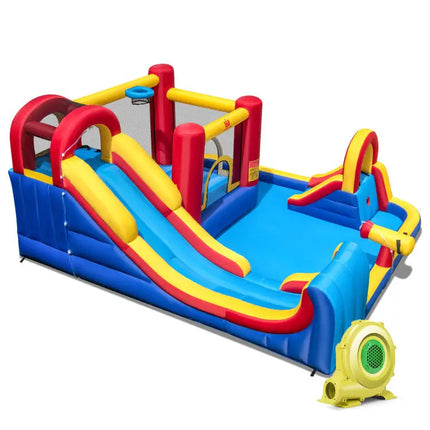 7 in 1 Outdoor Inflatable Bounce House with Water Slides and Splash Pools with 735W Blower - Red - Inflatable Water
