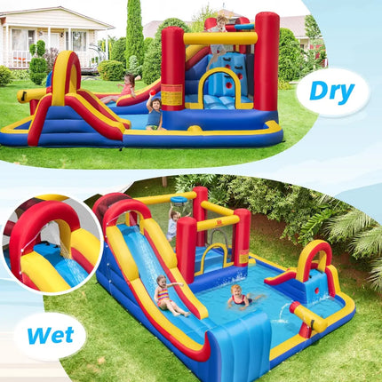 7 in 1 Outdoor Inflatable Bounce House with Water Slides and Splash Pools with 735W Blower - Red - Inflatable Water