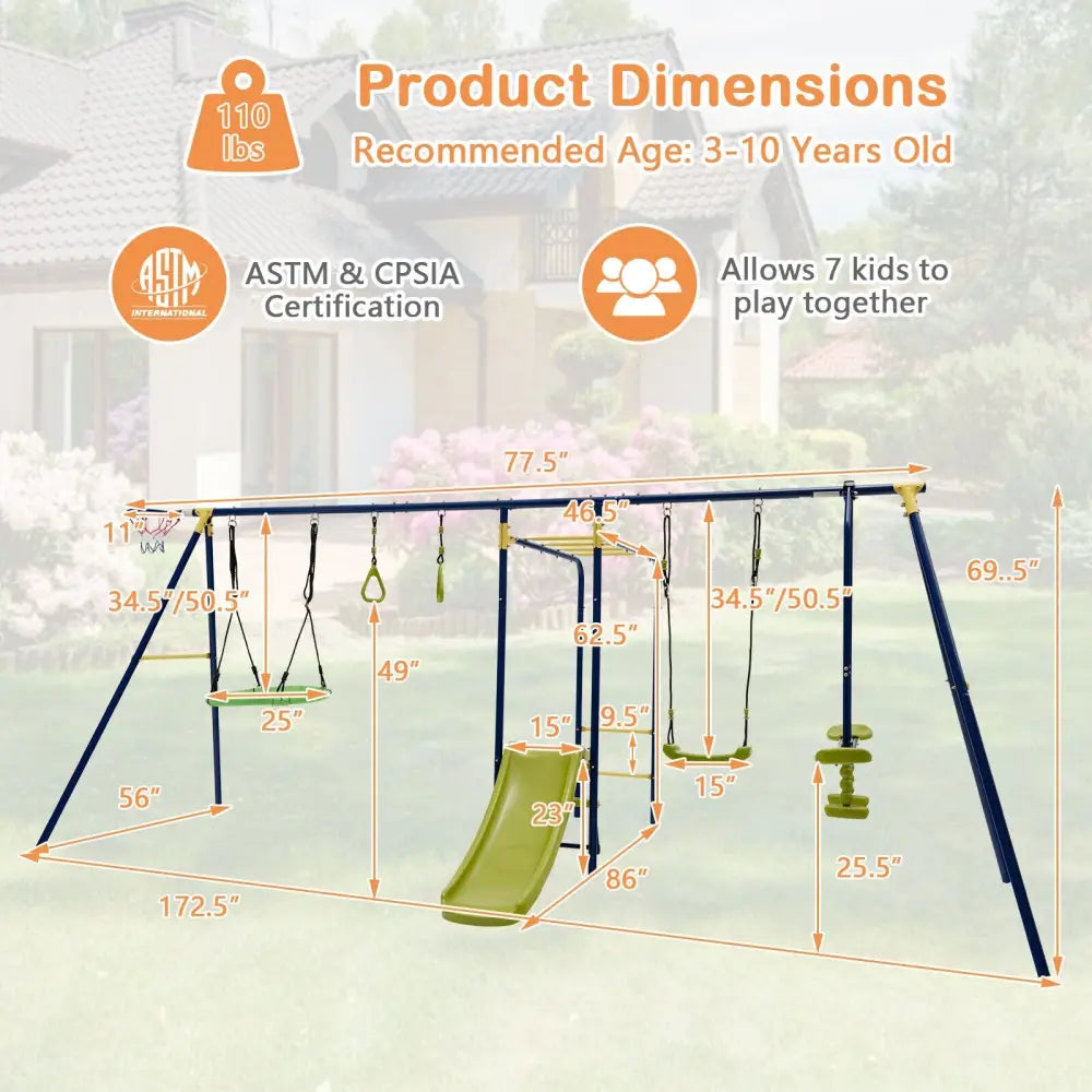 7-in-1 Stable A-shaped Outdoor Swing Set for Backyard - Blue - Swing & Playsets