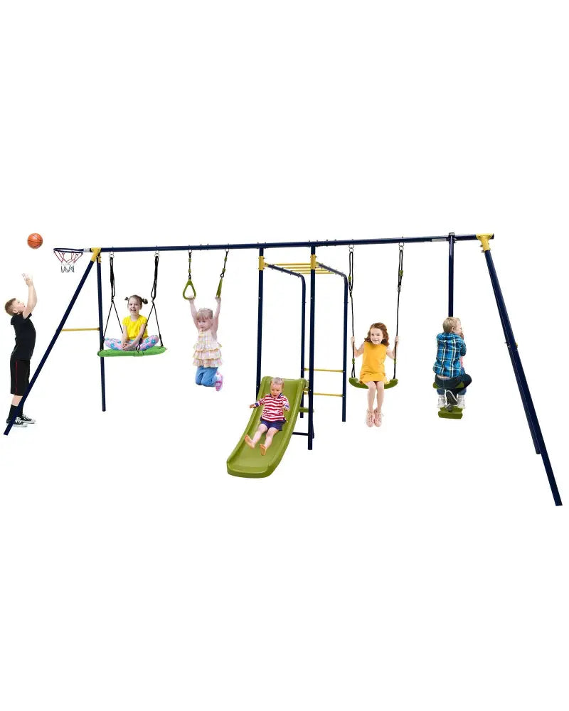 7-in-1 Stable A-shaped Outdoor Swing Set for Backyard - Blue - Swing & Playsets