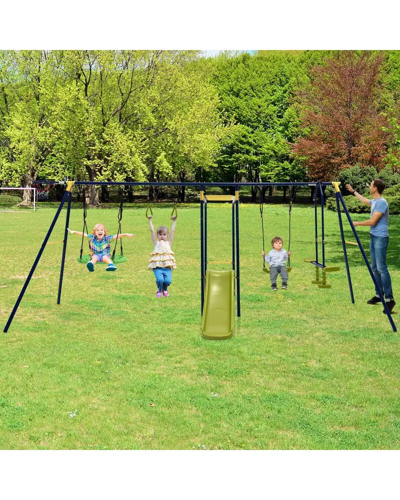 7-in-1 Stable A-shaped Outdoor Swing Set for Backyard - Blue - Swing & Playsets